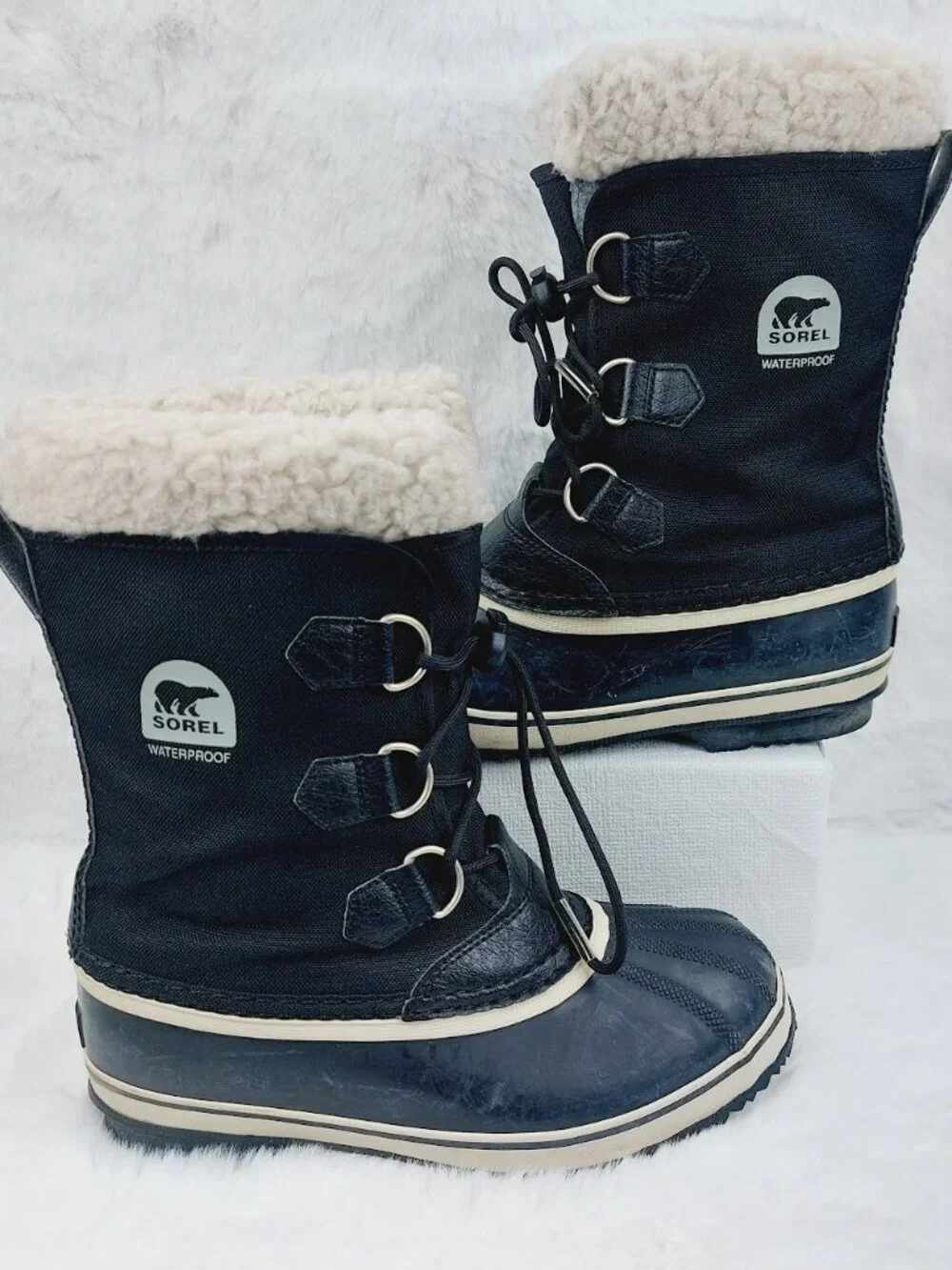 Sorel Girls Black Yoot Pac Nylon Waterproof Fur Trim Lace-Up Snow Boots Size 5